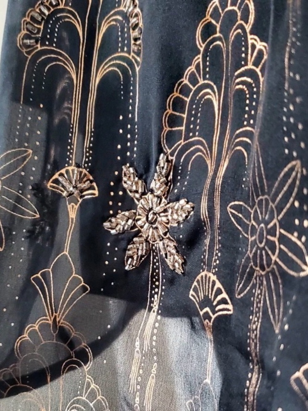 World Market L/XL Black Gold Art Deco Beaded Sheer Blouse Floral Boho Top - Picture 5 of 7